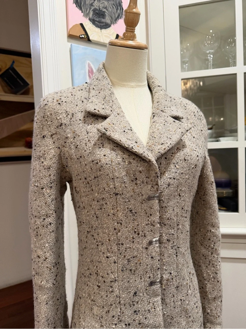 CHANEL Grey Speckled Tweed Blazer Coat